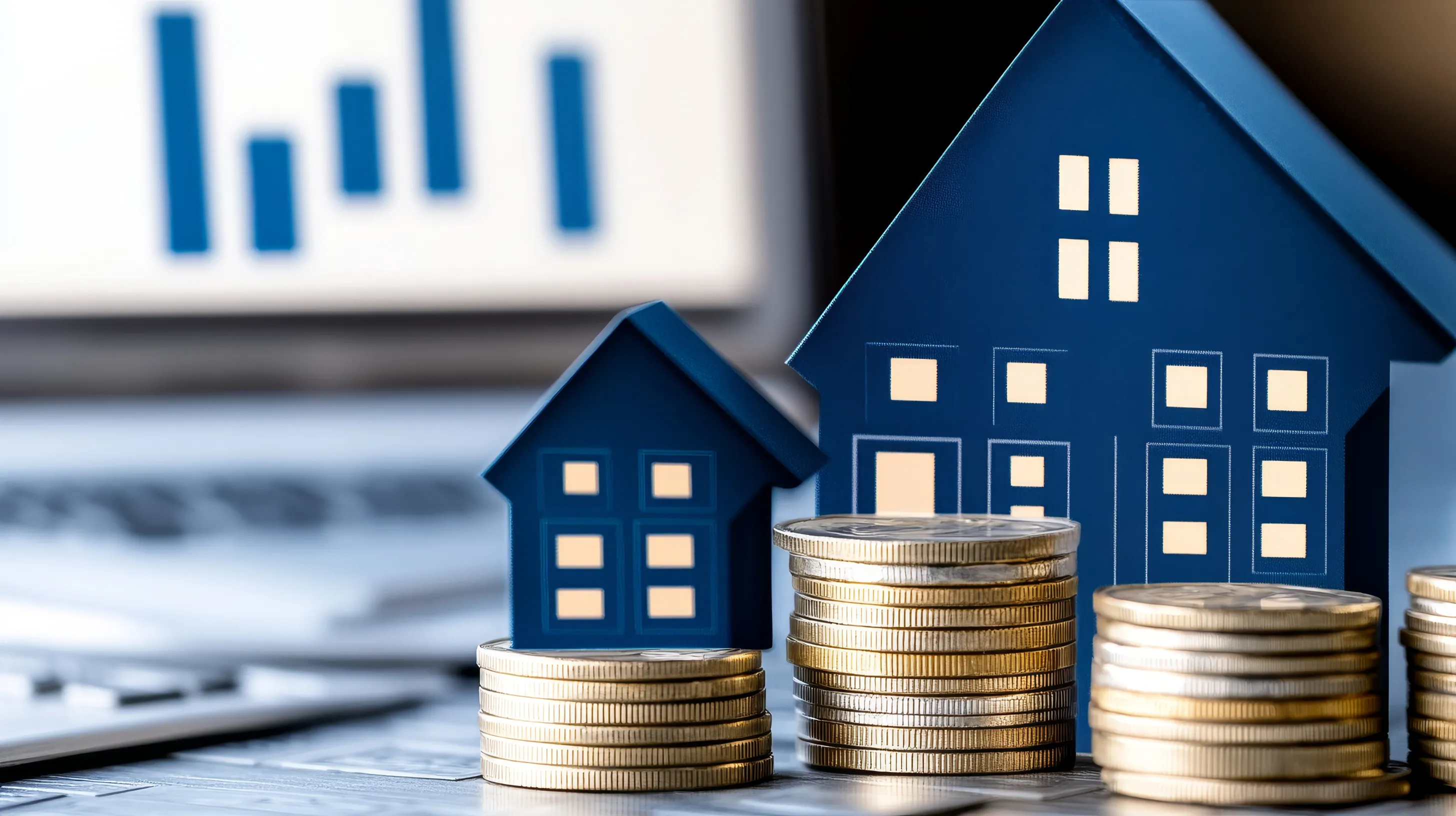 Two small blue model houses perched atop stacks of gold coins, with a blurred financial chart displayed on a laptop screen in the background.